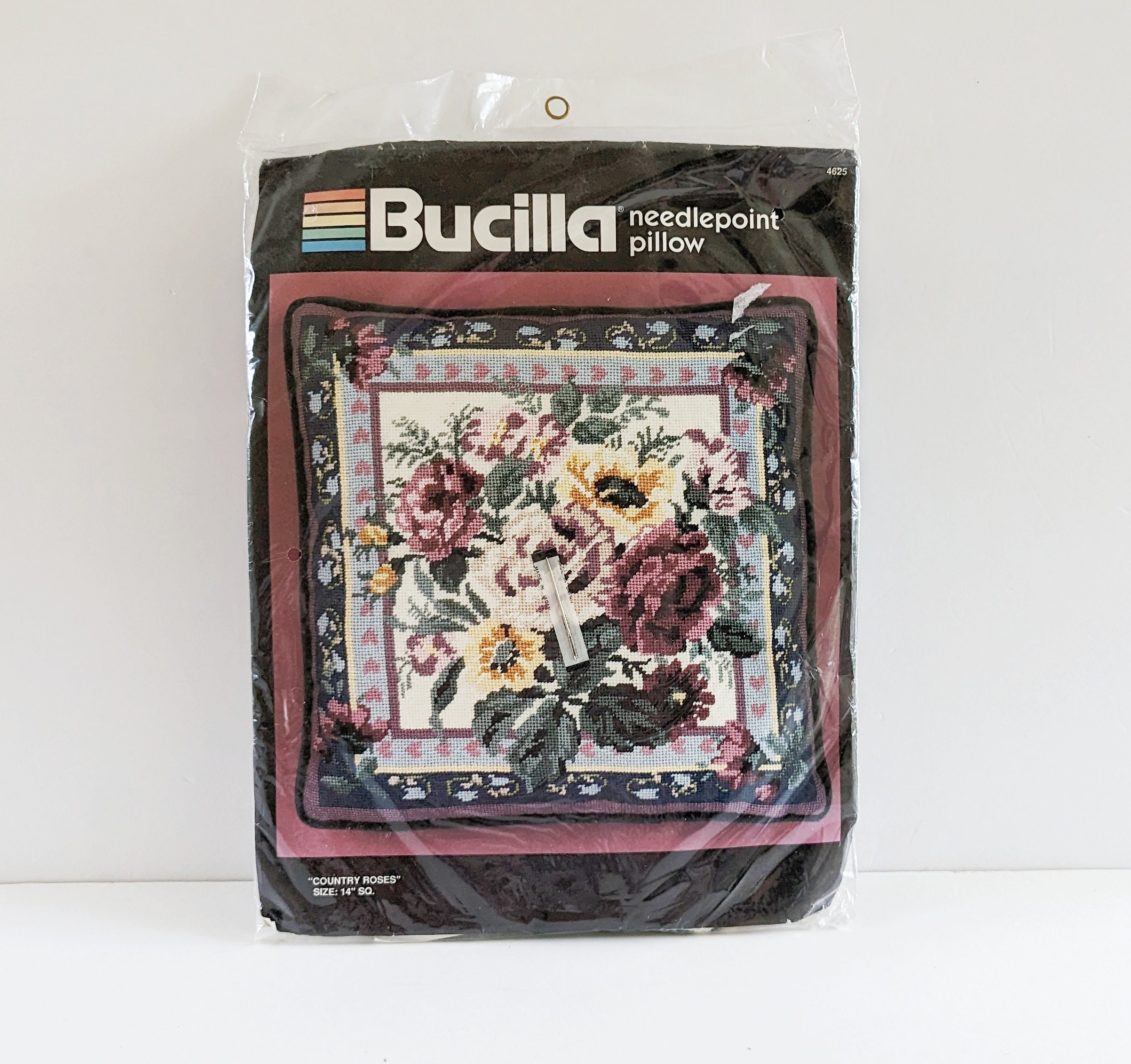 Antique Needlepoint Pillow or Cushion Cover Roses Floral  Bucilla Country Roses Floral Needlepoint Pillow Kit 4625 Vintage Cottagecore display picture 1