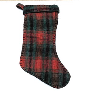 Vintage 1970s Handmade Wool Christmas Stocking Red & Green Plaid Design