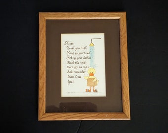 Vintage Yellow Rubber Duck Bathroom Rules Wall Hanging Framed Calligraphy by Patsy Moore 1980s Bathroom Decor