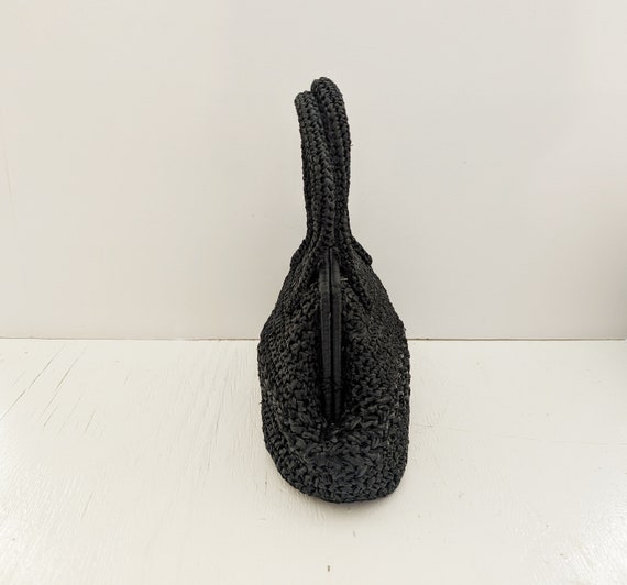 Vintage Handbag Summer Straw Black Raffia Woven 1… - image 3