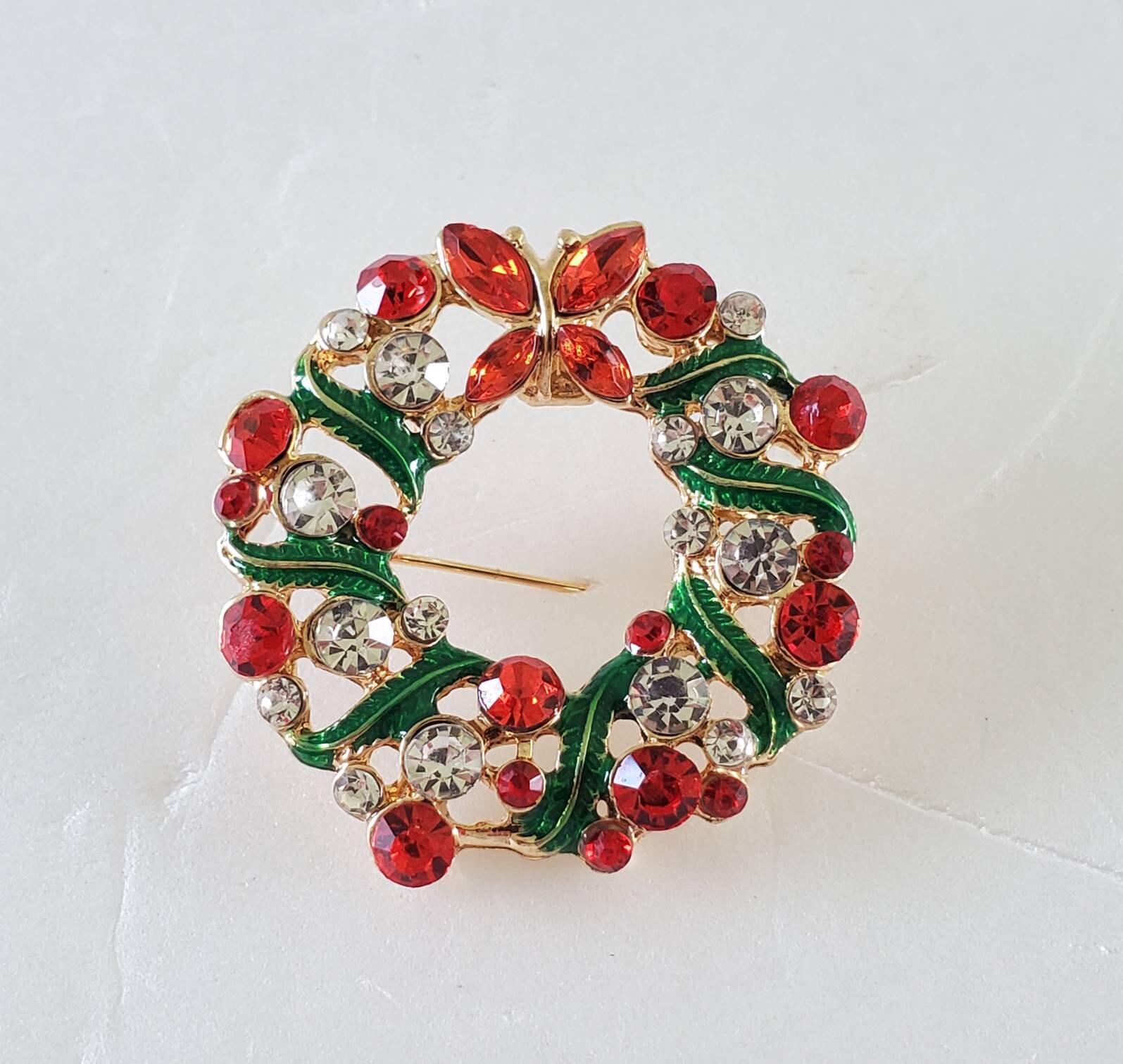 Christmas Wreath Enamel Brooch, Red Green Metallic Enamel