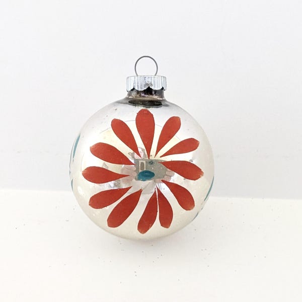 Vintage Shiny Brite Silver Mercury Glass Christmas Ornament Red & Green Pointsettia 1950s