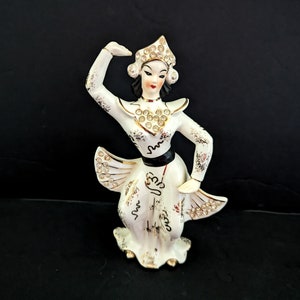 Vintage Geisha Girl Lefton Figurine Ivory and Gold Ceramic With Rhinestones 1950s