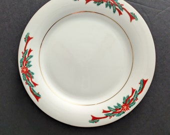 ヴィンテージ ホリデーデザートプレート クリスマス柄 陶磁器 赤と緑のポインセチアとリボン模様 金縁 白磁 1990年代