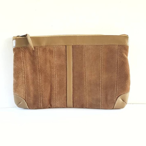 Vintage Brown Suede and Leather Handbag Clutch Zip Top Disco Era Club 54  1970's Medium Size