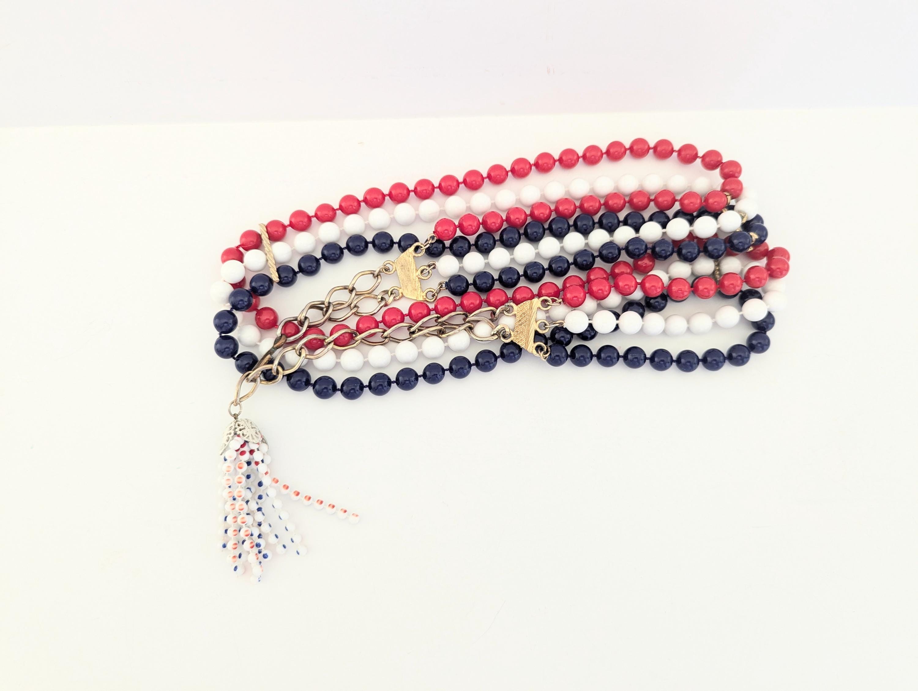 Vintage Ladies Belt Red White and Blue Patriotic Beaded Style With Tassel Megan Draper