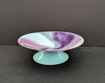 Vintage Gerte Hacker Footed Enamel Dish Turquoise Purple Swirl Copper Compote Mid Century Modern l 1950s