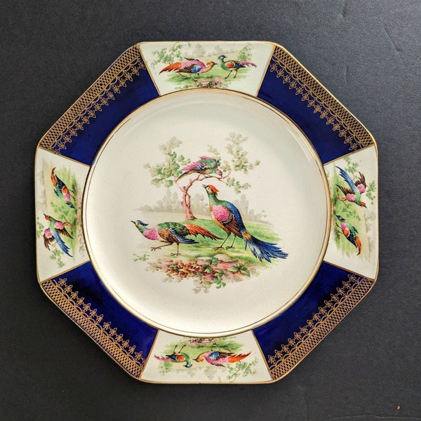 Antique Wedgwood Porcelain Plate Pheasant Birds Colorful Cobalt Blue and Gold 1900's Octagon 8 Sided 9.5"