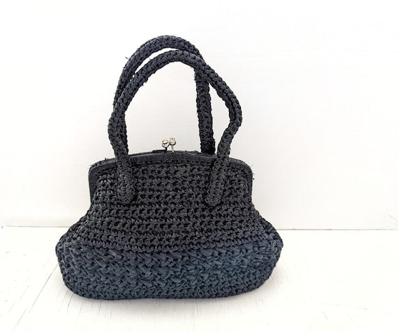 Vintage Handbag Summer Straw Black Raffia Woven 1… - image 1