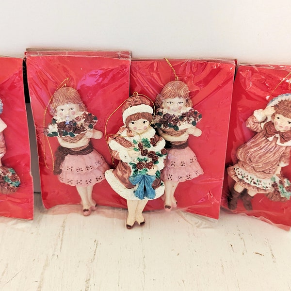 Vintage Gilded Age Victorian Girl Pink Christmas Tree Ornaments Set Of 5 New In Package 1980's Old Stock Old Fashion Gold Circle Stores