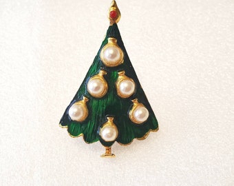 ヴィンテージ クリスマスツリー ピンブローチ 1950年代 グリーン ゴールド フェイクパール ホリデージュエリー ミッドセンチュリー