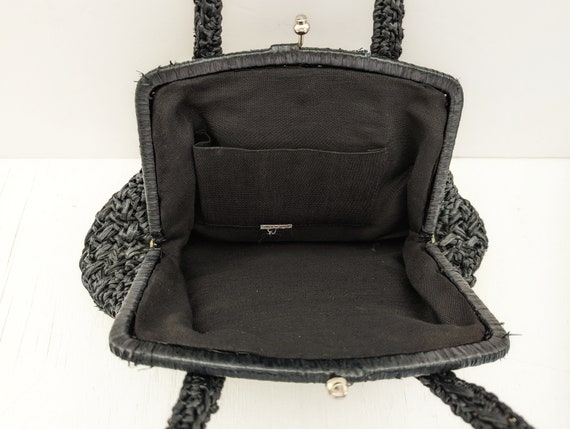 Vintage Handbag Summer Straw Black Raffia Woven 1… - image 5