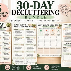 Peut inclure: Un ensemble numérique de 5 documents de désencombrement comprenant un défi de 30 jours, une liste de contrôle par pièce, une feuille de tri, un planning de nettoyage hebdomadaire et un suivi de progression, aux tons vert et beige.