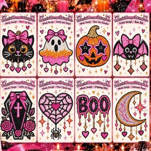 May include: Eight rectangular cards labeled Bedazzled Pumpkin Template featuring rhinestone-style designs: a black cat, candy corn ghost, pumpkin, bat, coffin with roses, heart spiderweb, the word BOO, and a crescent moon, all with pink accents.