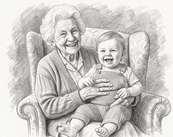 Personen zum Foto hinzufügen, Zeichnung von Großmutter und Enkelkind, Individuelles Familienporträt, Bleistiftskizze nach Foto, Personalisiertes Geschenk