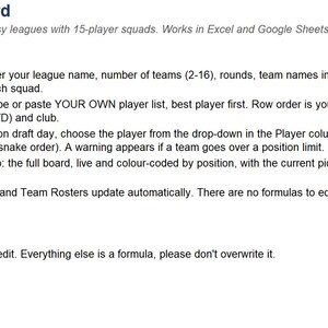 May include: A digital Fantasy Soccer Draft Board document with instructions for Excel and Google Sheets. It includes a how-to guide for setup, player lists, draft logs, and a color guide for positions including GK, DEF, MID, and FWD in a spreadsheet format.