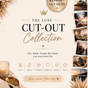 以下が含まれることがあります： 1,500以上の切り抜きを収録した「The Luxe Cut-Out Collection」と題されたデジタルチラシ。王冠のアイコン、テキスト付きの6つの説明アイコン、旅行やライフスタイル、高級感をテーマにした6枚の写真が縦に並んだデザイン。
