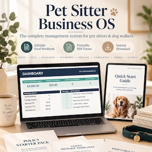Peut inclure: Un système de gestion numérique pour pet sitters comprenant un ordinateur portable affichant un tableau de bord, une tablette avec un guide de démarrage rapide et des documents imprimés incluant des modèles de messages et formulaires.