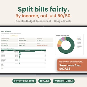 Może przedstawiać: Cyfrowy arkusz kalkulacyjny budżetu dla par wyświetlony na ekranie laptopa. Interfejs zawiera tekst Split bills fairly. By income, not just 50/50. Couples Budget Spreadsheet. Google Sheets. Zawiera dane finansowe, wykres pierścieniowy oraz pole z napisem WHO OWES WHOM? DONE. Sam owes Alex $627.32.