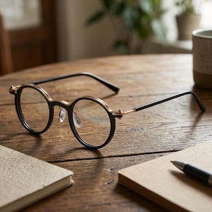May include: Round eyeglasses featuring a black frame with gold-toned metal accents along the bridge and hinges. The glasses include clear lenses, adjustable transparent nose pads, and thin black temples that extend from the gold-toned hinges.
