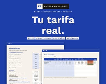 May include: A digital spreadsheet template for business accounting on a blue background. The text reads Garoc Studio, Edición en Español, Excel y Google Sheets, Negocio, Tu tarifa real, Excel, Google Sheets, En Español, Autónomos, and Tarifa mínima.