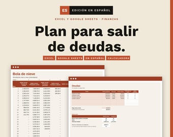 May include: A digital debt payoff planner template for Excel and Google Sheets titled Plan para salir de deudas. The document features a snowball method table and a debt summary dashboard with columns for credit card and loan balances.