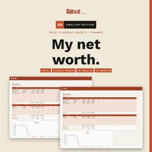 Peut inclure: Un modèle de suivi financier numérique pour Excel et Google Sheets intitulé My net worth. La mise en page comprend des tableaux pour les actifs et passifs, des colonnes mensuelles et un graphique linéaire montrant les tendances sur 12 mois.