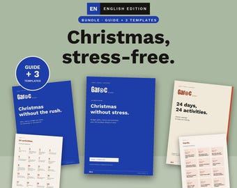 May include: A digital bundle featuring a guide and three templates for Christmas planning. The documents include text such as Christmas, stress-free, Christmas without the rush, Christmas without stress, and 24 days, 24 activities, presented in blue and cream colors.