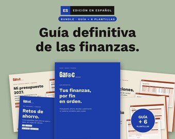 May include: A digital finance bundle featuring a guide and six templates. The main title reads Guía definitiva de las finanzas. The documents are displayed in blue and cream colors, showcasing various financial tracking sheets and savings challenges.