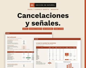 May include: A digital business template for Excel and Google Sheets titled Cancelaciones y señales, featuring data tables and charts in dark red and beige. The document tracks appointment cancellations, financial losses, and attendance metrics for business owners.