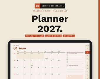 May include: A digital planner for iPad and tablet titled Planner 2027, featuring a Spanish language interface. The screen displays a monthly calendar for January with sections for monthly goals, important dates, and notes in a clean, neutral layout.