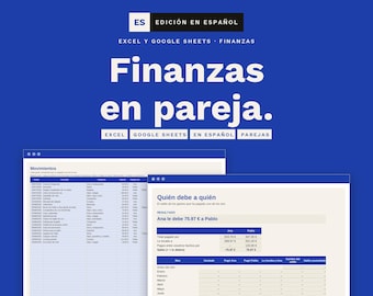May include: A digital financial tracking template for couples in Spanish, featuring Excel and Google Sheets layouts. The blue graphic displays text including Garoc Studio, Finanzas en pareja, and tables showing transaction movements and debt balances between two individuals.