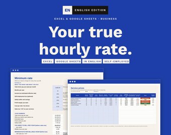 May include: A digital spreadsheet template for calculating hourly rates, featuring a blue background with white text reading Your true hourly rate. The interface displays columns for service prices, minimum rates, and tax calculations in English.