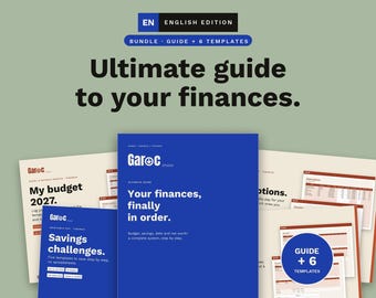 May include: A digital finance bundle featuring a guide and six templates. The cover displays the text "Ultimate guide to your finances" and "Your finances, finally in order." Includes documents titled "My budget 2027" and "Savings challenges" in blue and cream.