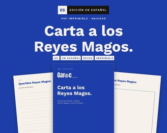 May include: A printable PDF letter template for the Three Wise Men, featuring a blue cover page with the text 'Carta a los Reyes Magos' and two interior pages with lined and blank spaces for writing and drawing holiday gift lists.