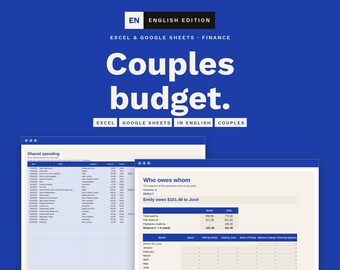 May include: A digital couples budget template for Excel and Google Sheets with a blue background. The text reads Garoc Studio, English Edition, Excel & Google Sheets Finance, Couples budget, Excel, Google Sheets, In English, Couples. Two spreadsheet views show shared spending and a who owes whom balance table.