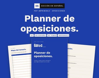 May include: A printable A4 digital planner for exam preparation with a blue cover featuring the text Garoc Studio and Planner de oposiciones. The set includes white pages with blue text, including a Mapa del temario table and study tracking sections.