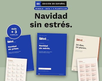 May include: A digital bundle featuring a guide and three templates titled Navidad sin estrés, Navidad sin prisas, and 24 días, 24 planes. The documents are displayed in blue and cream colors with the Garoc Studio logo and text in Spanish.