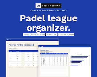 May include: A digital Padel league organizer template for Excel and Google Sheets on a blue background. The text reads: Garoc Studio, EN English Edition, Excel & Google Sheets, Wellness, Padel league organizer, Excel, Google Sheets, In English, Up to 24 players.