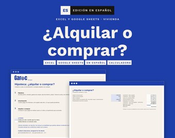 May include: A digital spreadsheet template for Excel and Google Sheets titled Alquilar o comprar, featuring a blue background with white text. The interface displays financial fields for mortgage, amortization, and property comparison calculations.