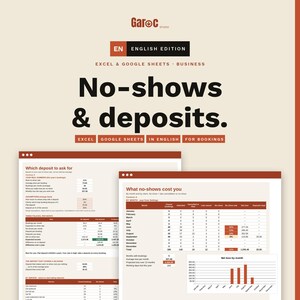 May include: A digital spreadsheet template for Excel and Google Sheets titled No-shows & deposits. The document features tables and charts for tracking business bookings, calculating deposit amounts, and analyzing financial losses from no-shows.
