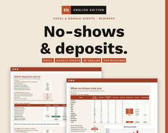 May include: A digital spreadsheet template for Excel and Google Sheets titled No-shows & deposits. The document features tables and charts for tracking business bookings, calculating deposit amounts, and analyzing financial losses from no-shows.