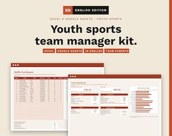 May include: A digital youth sports team manager kit for Excel and Google Sheets. The display features a raffle fundraiser spreadsheet and a team dashboard with data tables, financial summaries, and a bar chart showing minutes played per player.