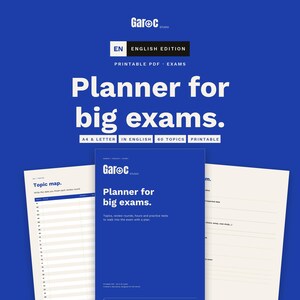 May include: A digital printable PDF planner for big exams by Garoc Studio. The set includes a blue cover page and off-white interior pages with a topic map and study schedule. Text includes Planner for big exams, A4 & Letter, and 60 topics.
