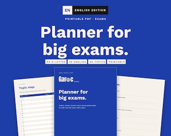 May include: A digital printable PDF planner for big exams by Garoc Studio. The set includes a blue cover page and off-white interior pages with a topic map and study schedule. Text includes Planner for big exams, A4 & Letter, and 60 topics.