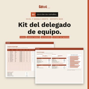 Puede incluir: Un kit digital para delegados de equipo con plantillas de Excel y Google Sheets. La imagen muestra el logo de Garoc Studio, el texto Kit del delegado de equipo y dos ventanas de hoja de cálculo con tablas de datos, resúmenes financieros y un gráfico.
