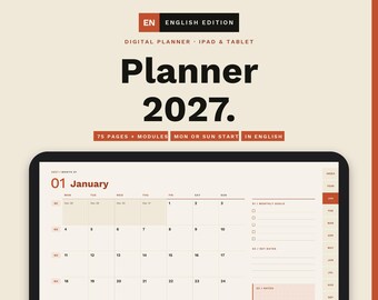 May include: A digital planner for iPad and tablet titled Planner 2027 by GaroC Studio. The interface displays a January calendar view with a monthly goals section, key dates, and notes. The design features a cream background with black and red text.