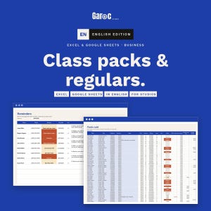 May include: A digital template for Excel and Google Sheets titled Class packs & regulars. The blue graphic displays two spreadsheet interfaces with columns for client names, phone numbers, status, and dates, designed for business management.