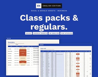 May include: A digital template for Excel and Google Sheets titled Class packs & regulars. The blue graphic displays two spreadsheet interfaces with columns for client names, phone numbers, status, and dates, designed for business management.