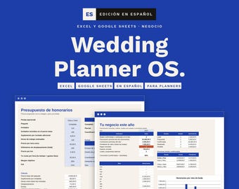 May include: A digital Wedding Planner OS template for Excel and Google Sheets with a blue background. The text reads Garoc Studio, ES Edición en Español, Excel y Google Sheets, Negocio, Wedding Planner OS, Excel, Google Sheets, En Español, Para Planners.